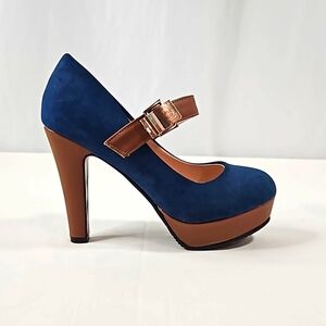Leather & Suede Blue/Brown Platform Heels Size 41